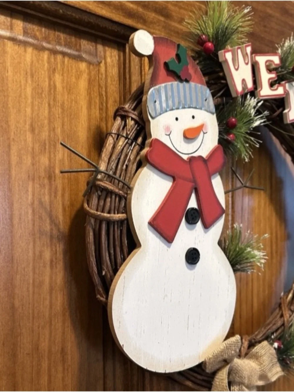 Christmas Welcome Wreath Door Decor Wall Hanging Wood Snowman Rustic Handcrafted